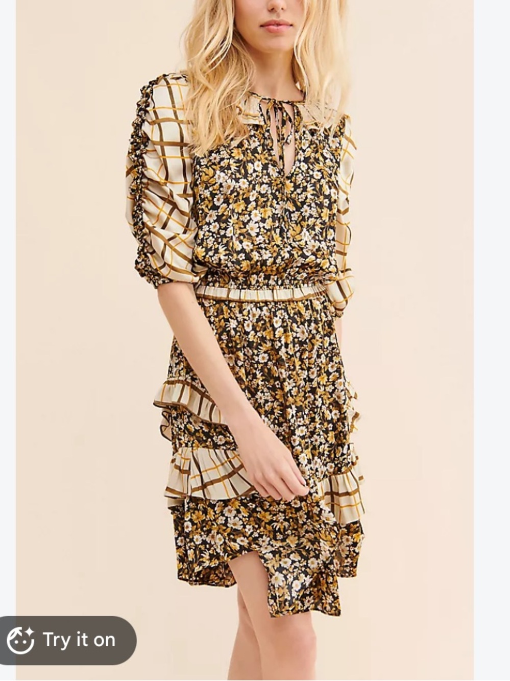 Current Air Anthropologie Fall Floral & Plaid Tie-Neck Tiered Dress